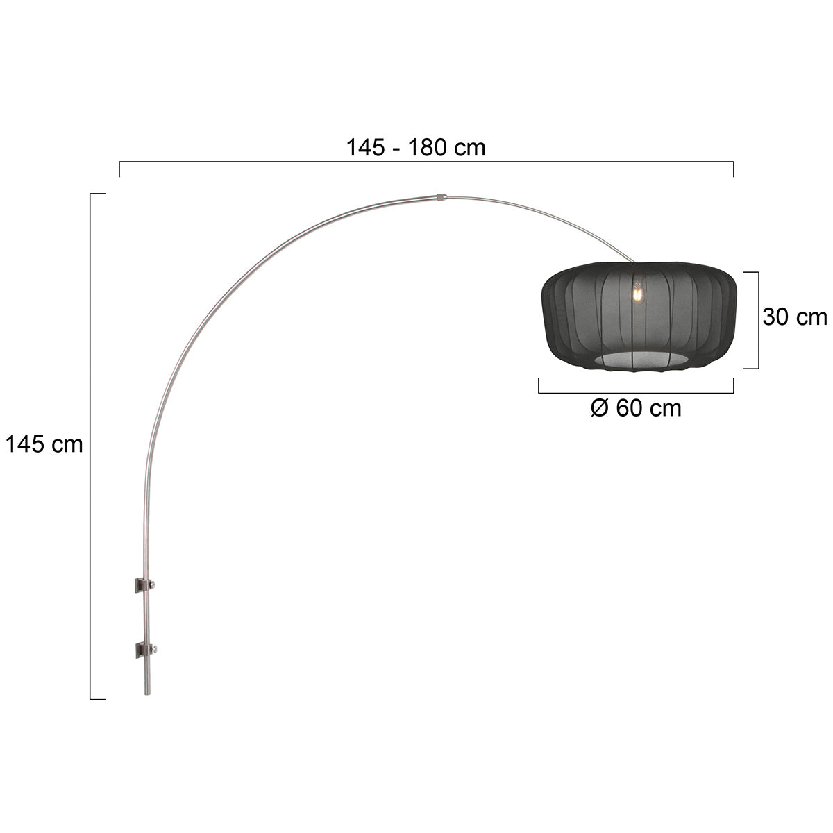Boog wandlamp Vela Lino 4403ST staal met zwarte textiel kap