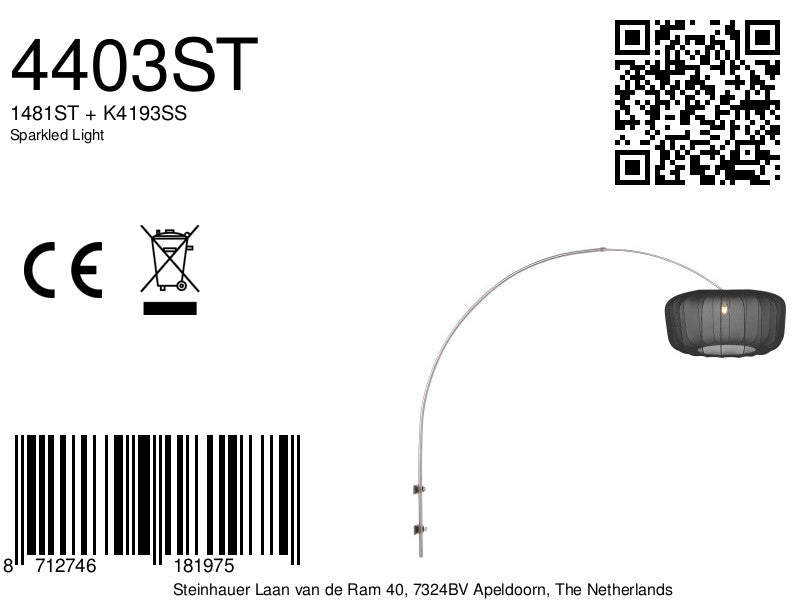Boog wandlamp Vela Lino 4403ST staal met zwarte textiel kap