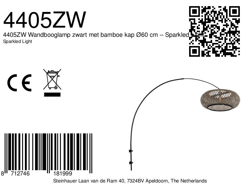Boog wandlamp Maze Natural 4405ZW zwart met bamboe kap Ø60 cm
