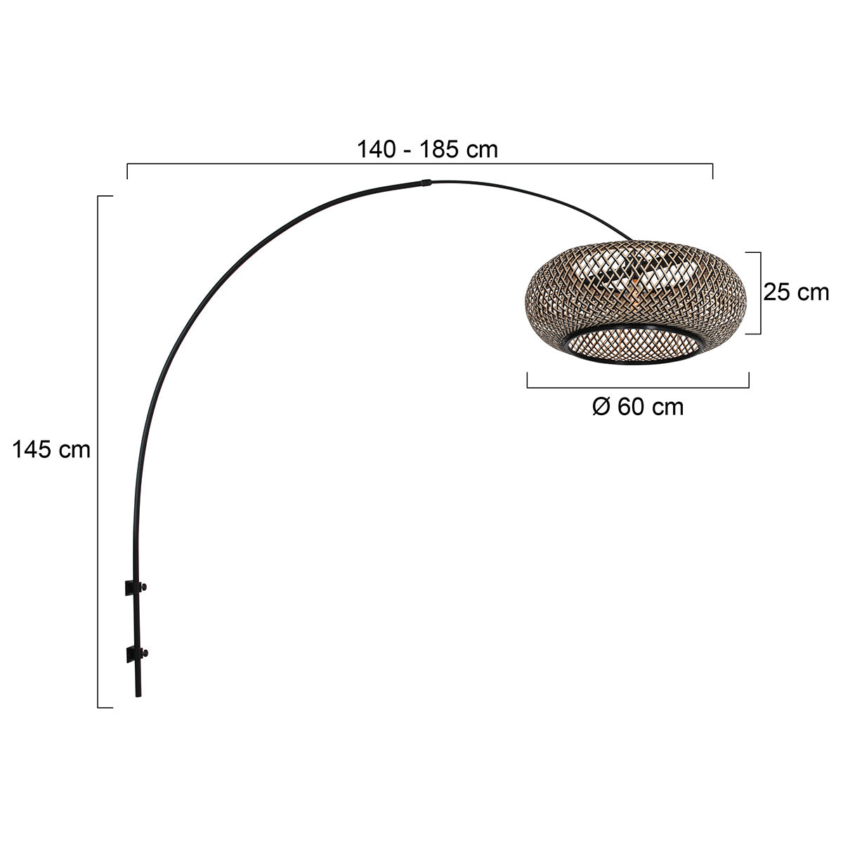 Boog wandlamp Maze Natural 4405ZW zwart met bamboe kap Ø60 cm