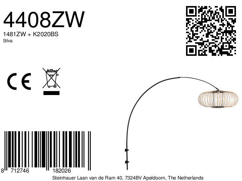 Boog wandlamp Sparkled Light 4408ZW zwart met bamboe kap
