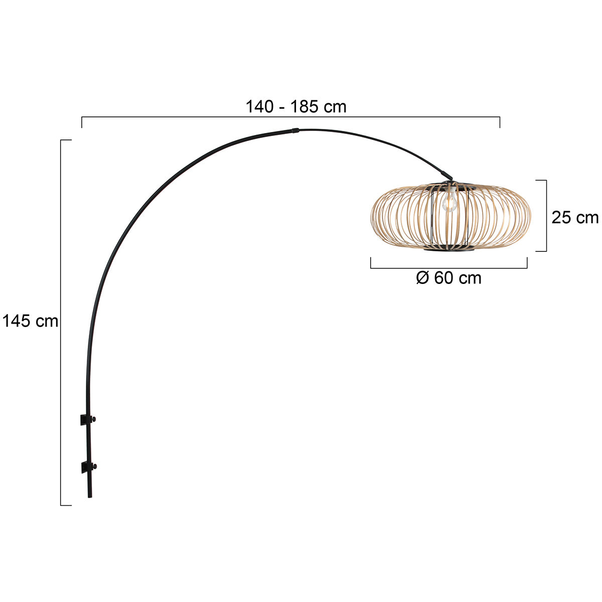 Boog wandlamp Sparkled Light 4408ZW zwart met bamboe kap