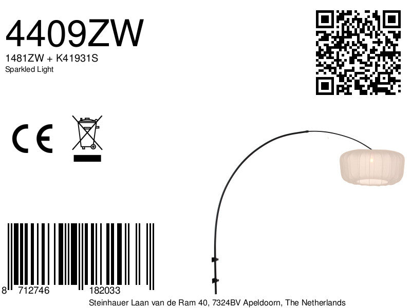 Boog wandlamp Vela Lino 4409ZW zwart met beige kap Ø60 cm