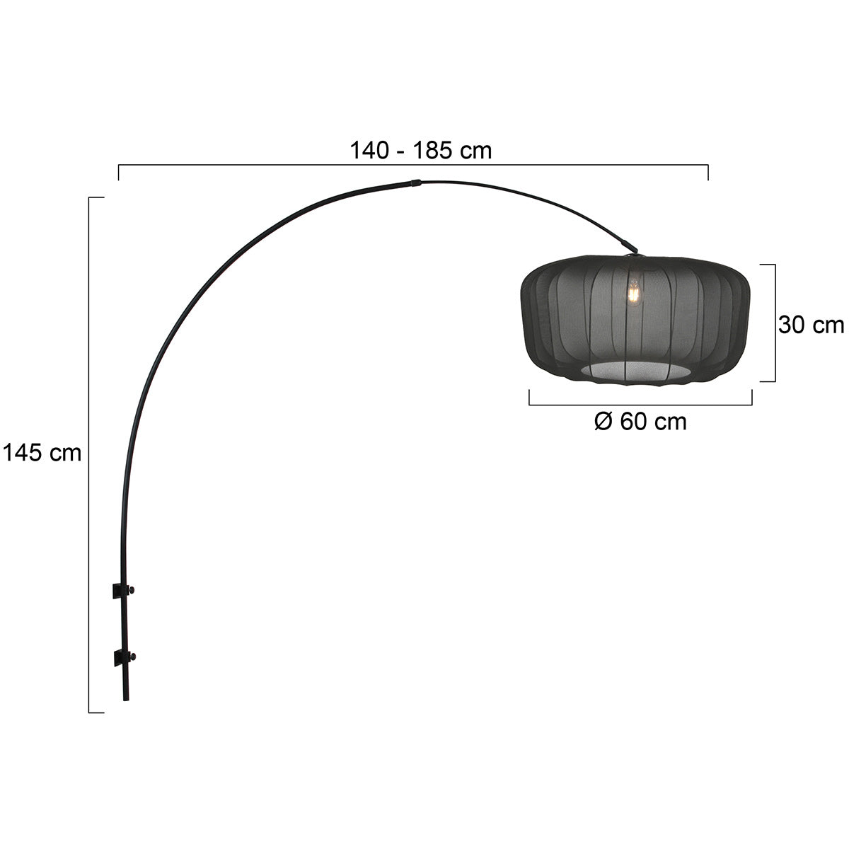 Boog wandlamp Vela Lino 4410ZW zwart met zwarte textiel kap
