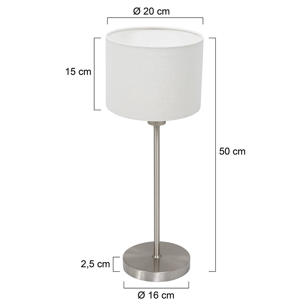 Tafellamp Noor 4414ST – Geborsteld staal met witte linnen kap