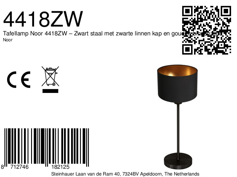 Tafellamp Noor 4418ZW – Zwart staal met zwarte linnen kap en gouden binnenzijde
