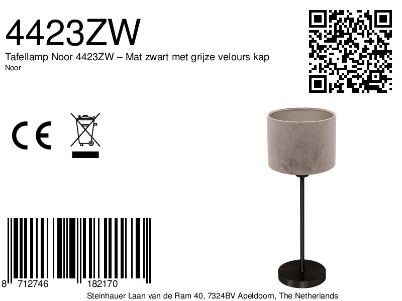 Tafellamp Noor 4423ZW – Mat zwart met grijze velours kap