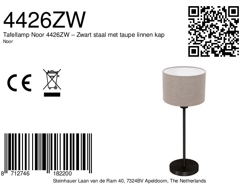 Tafellamp Noor 4426ZW – Zwart staal met taupe linnen kap
