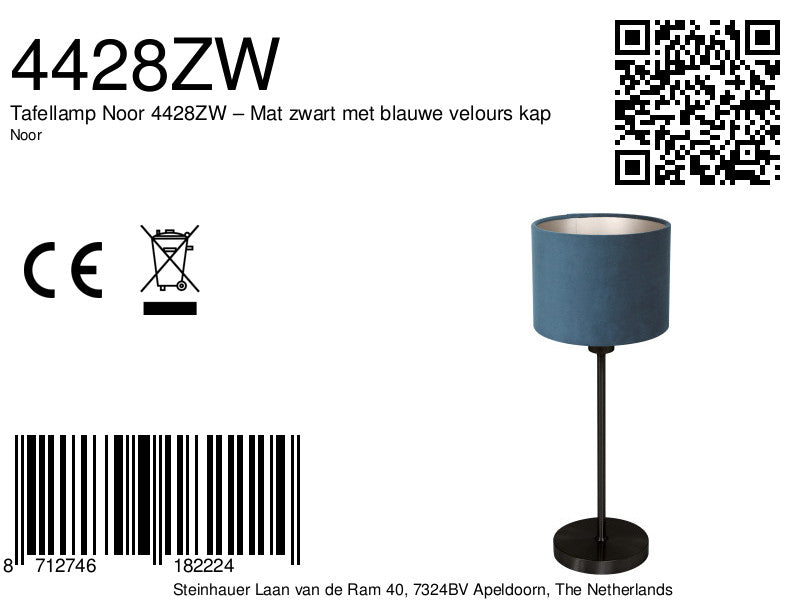 Tafellamp Noor 4428ZW – Mat zwart met blauwe velours kap