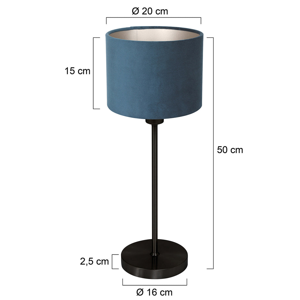 Tafellamp Noor 4428ZW – Mat zwart met blauwe velours kap