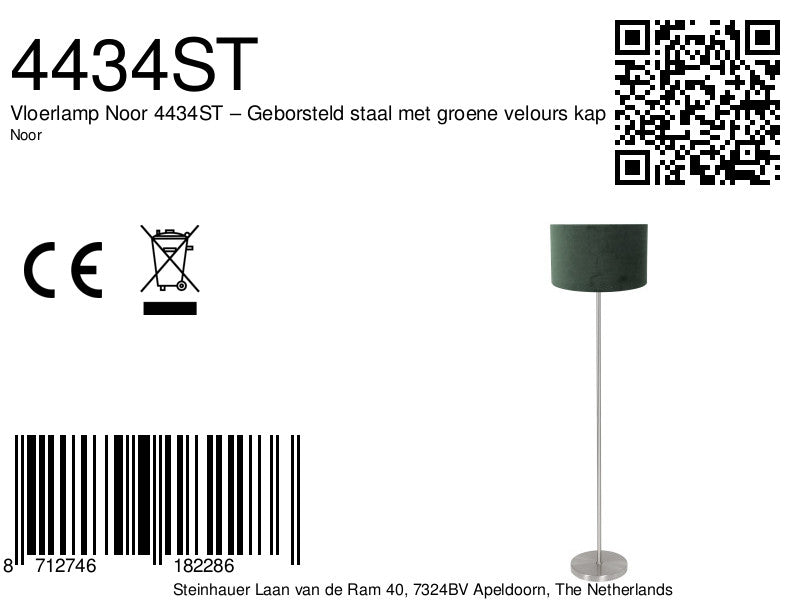 Vloerlamp Noor 4434ST – Geborsteld staal met groene velours kap