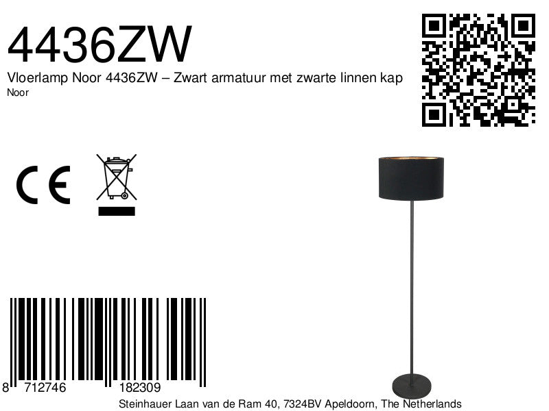 Vloerlamp Noor 4436ZW – Zwart armatuur met zwarte linnen kap