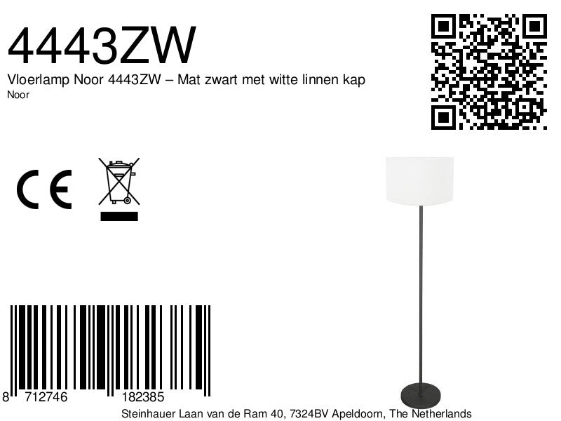 Vloerlamp Noor 4443ZW – Mat zwart met witte linnen kap