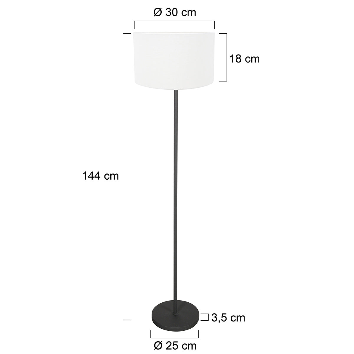 Vloerlamp Noor 4443ZW – Mat zwart met witte linnen kap
