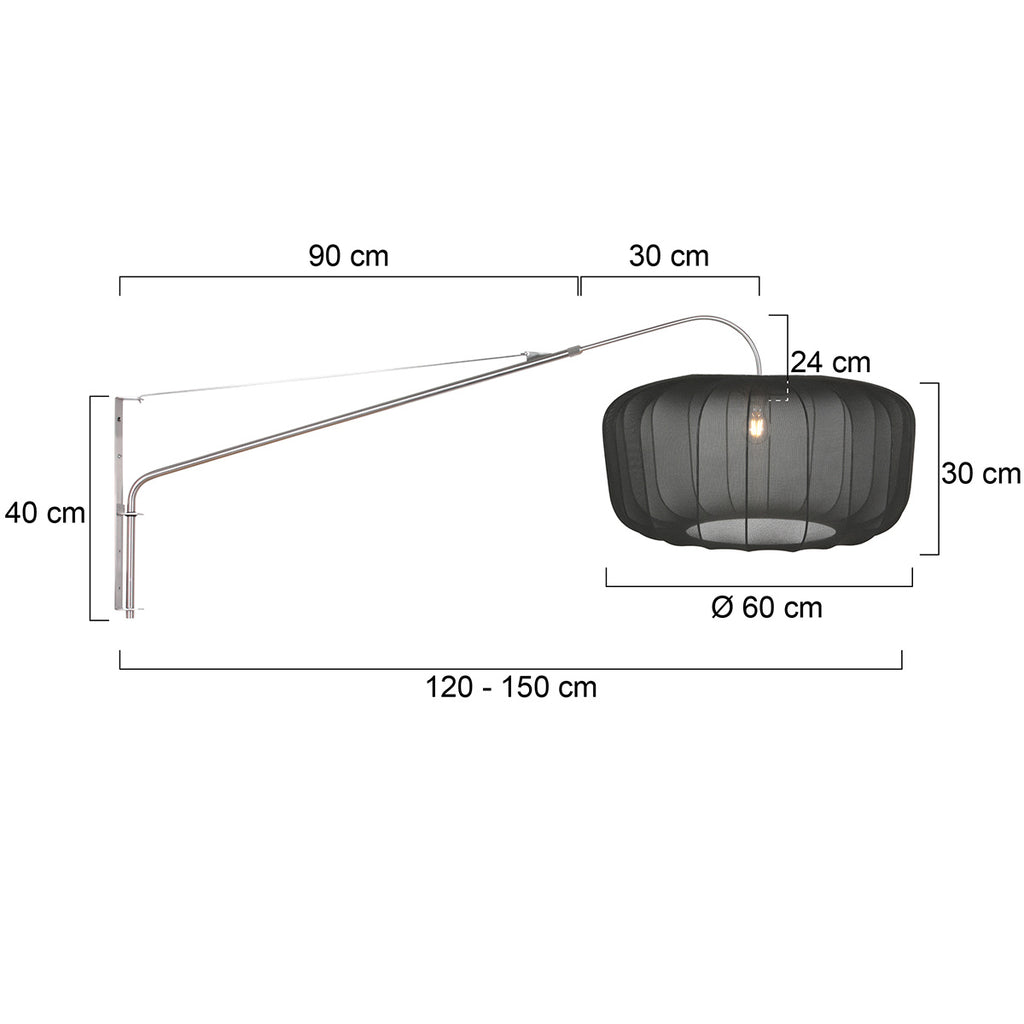 Wandlamp Vela Lino 4447ST staal met zwarte textiel kap Ø60 cm