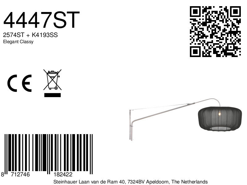 Wandlamp Vela Lino 4447ST staal met zwarte textiel kap Ø60 cm