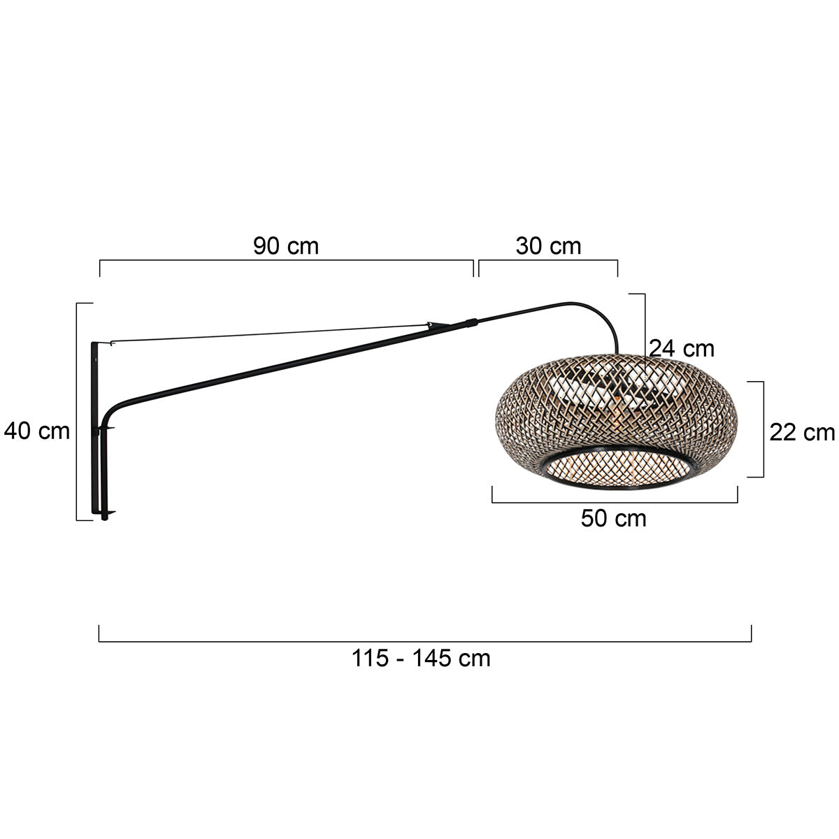 Wandlamp Maze Natural 4449ZW zwart met bamboe kap Ø60 cm