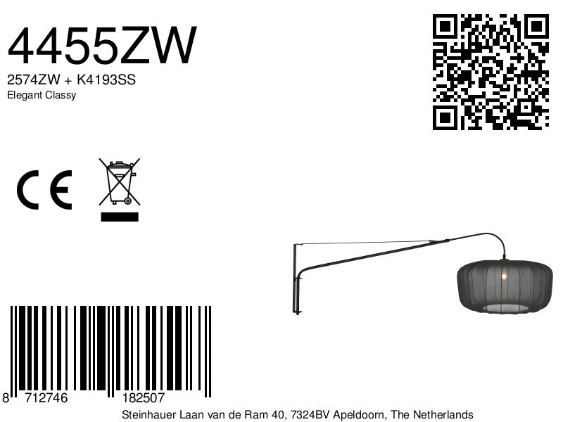 Wandlamp Vela Lino 4455ZW zwart met zwarte textiel kap Ø60 cm