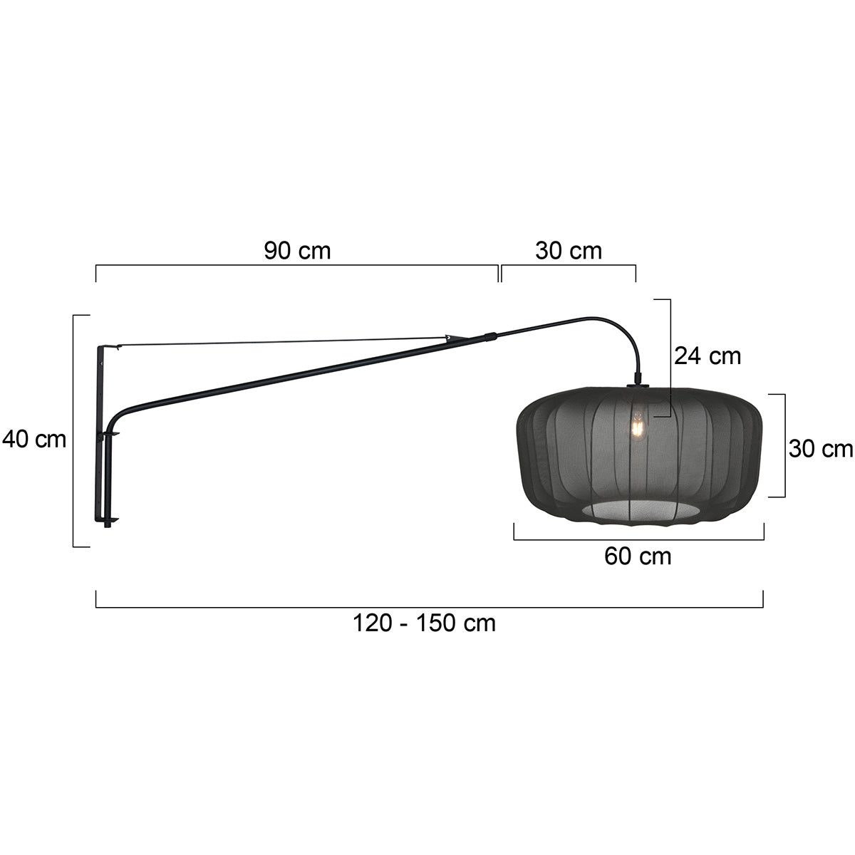 Wandlamp Vela Lino 4455ZW zwart met zwarte textiel kap Ø60 cm