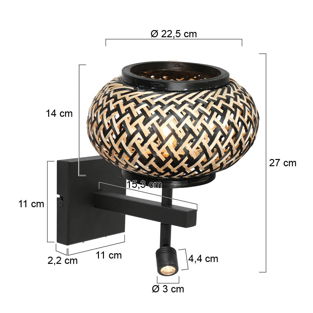 Nox Light 4456ZW – wandlamp met bamboe kap en leeslamp