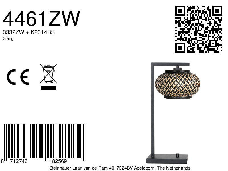 Nox Light 4461ZW – tafellamp met bamboe kap en zwart frame