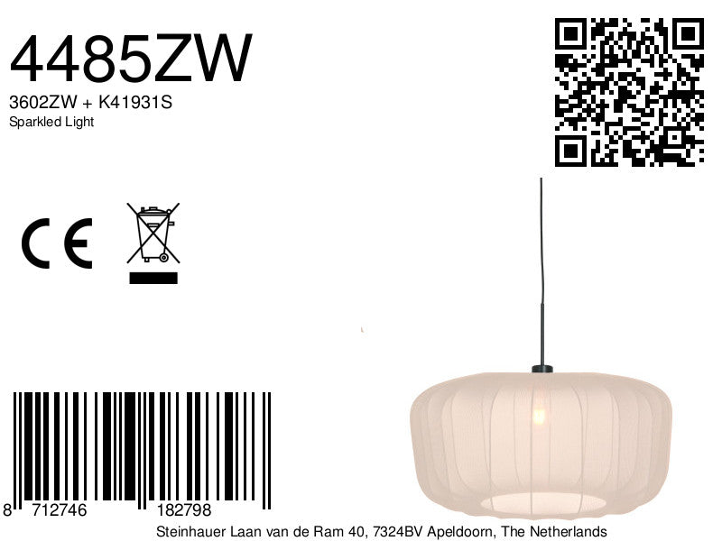 Hanglamp Vela Lino 4485ZW zwart met beige-crème textiel kap