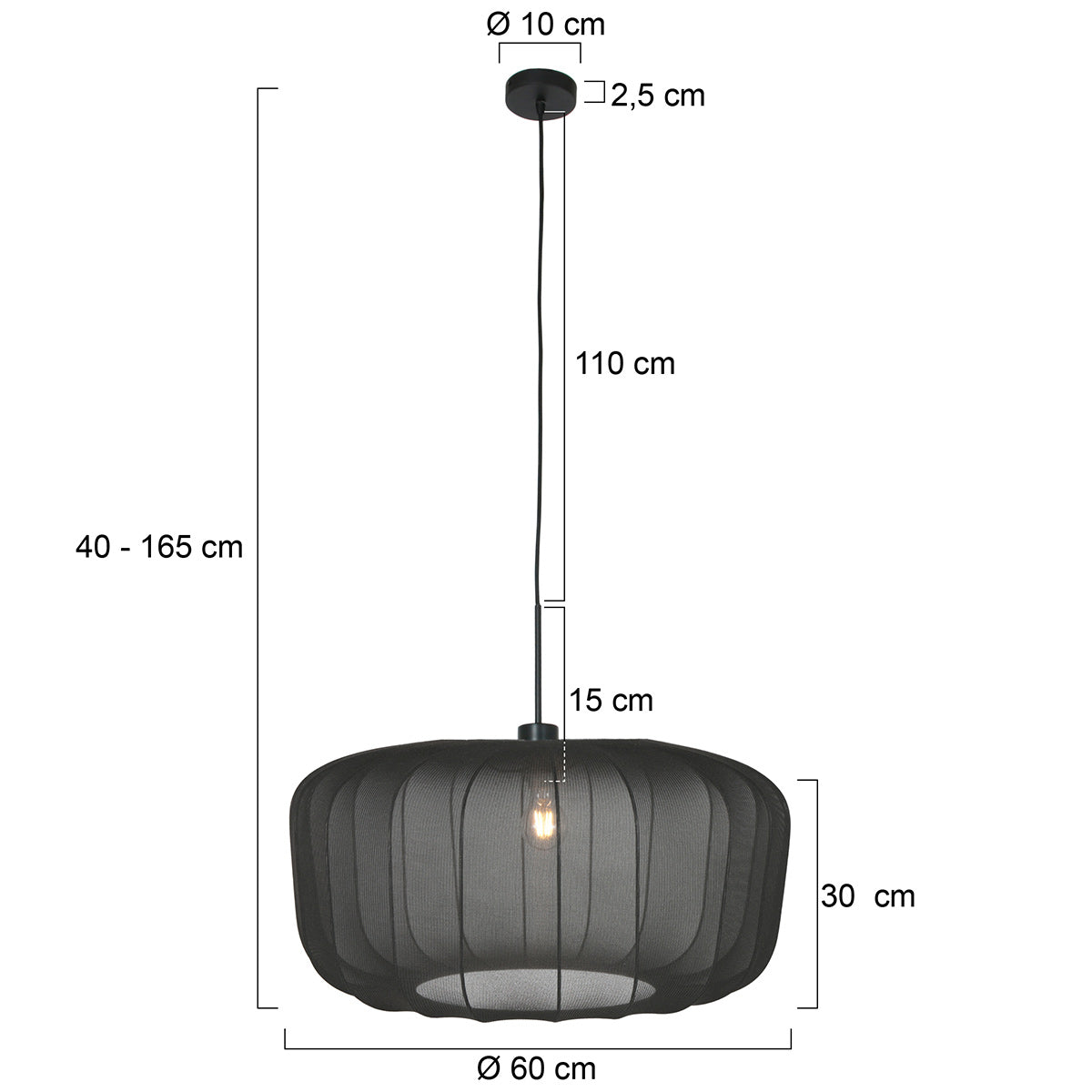 Hanglamp Vela Lino 4486ZW zwart met zwarte textiel kap Ø60 cm
