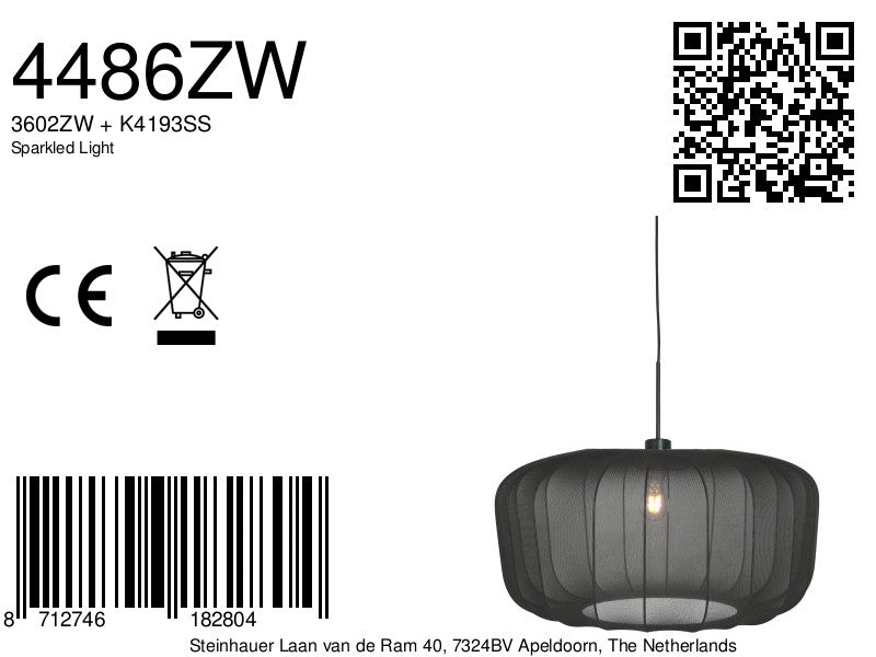 Hanglamp Vela Lino 4486ZW zwart met zwarte textiel kap Ø60 cm