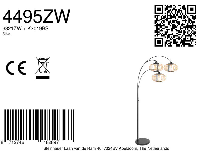 3-lichts vloerlamp Sparkled Light 4495ZW met open crème bamboe kappen