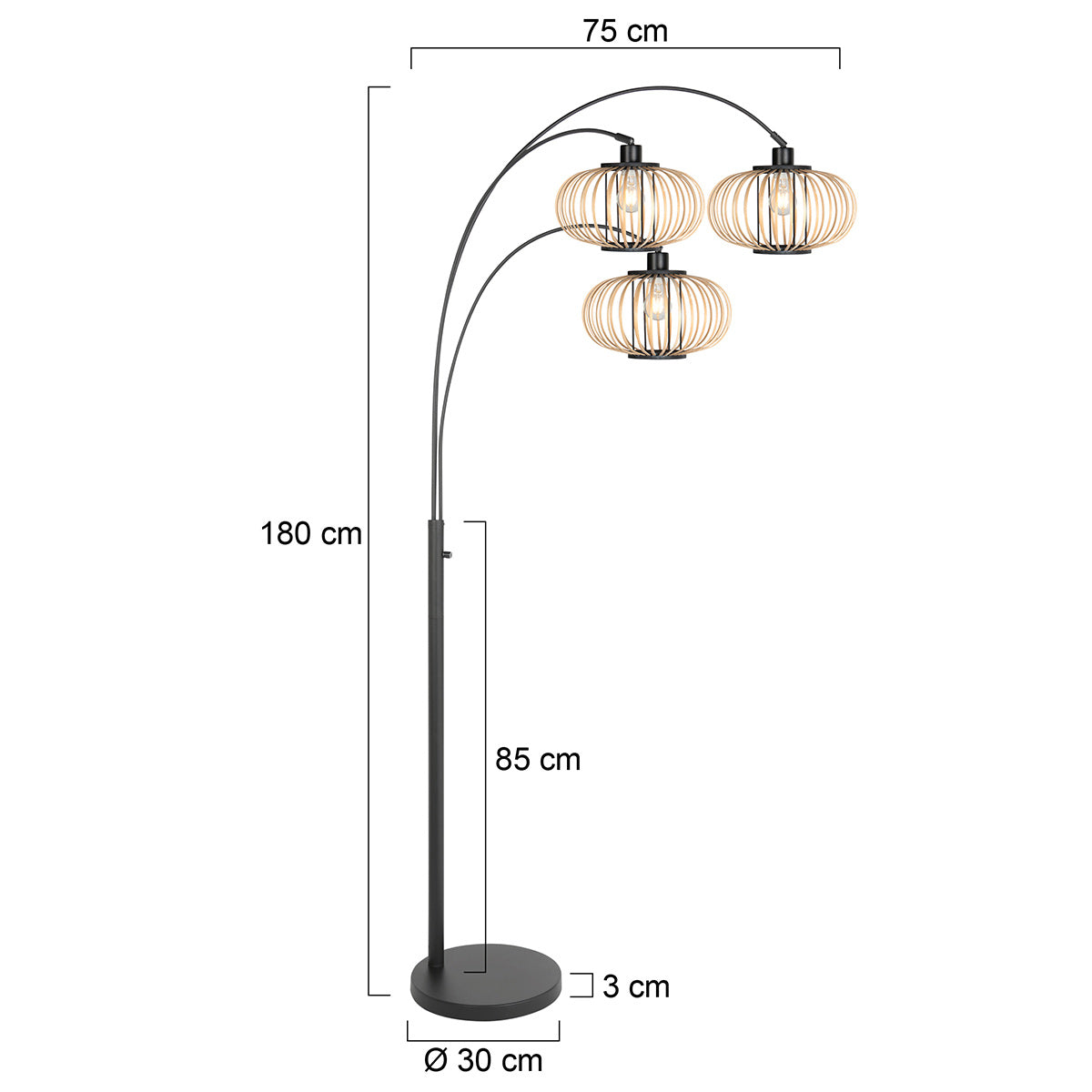 3-lichts vloerlamp Sparkled Light 4495ZW met open crème bamboe kappen