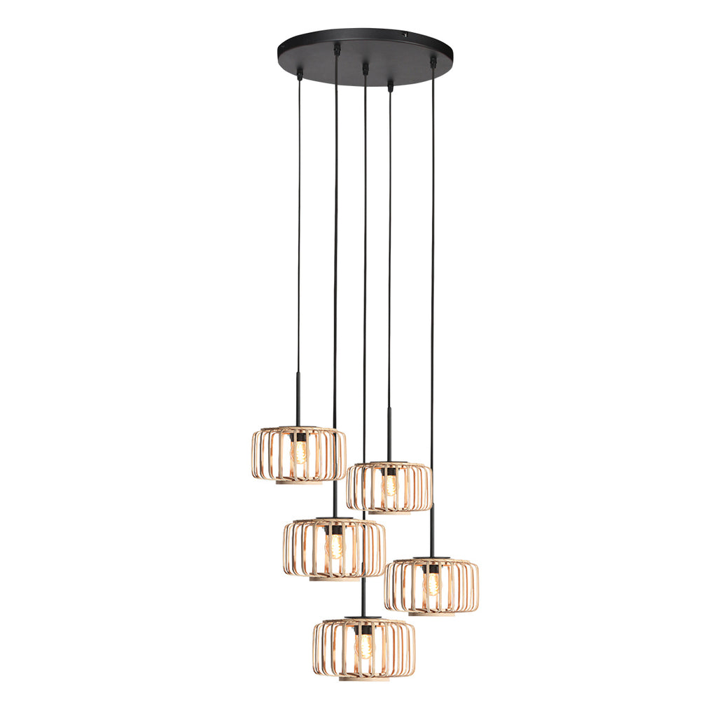 Hanglamp Breeza-Beach 4522ZW zwart met 5 bamboe kappen Ø20 cm