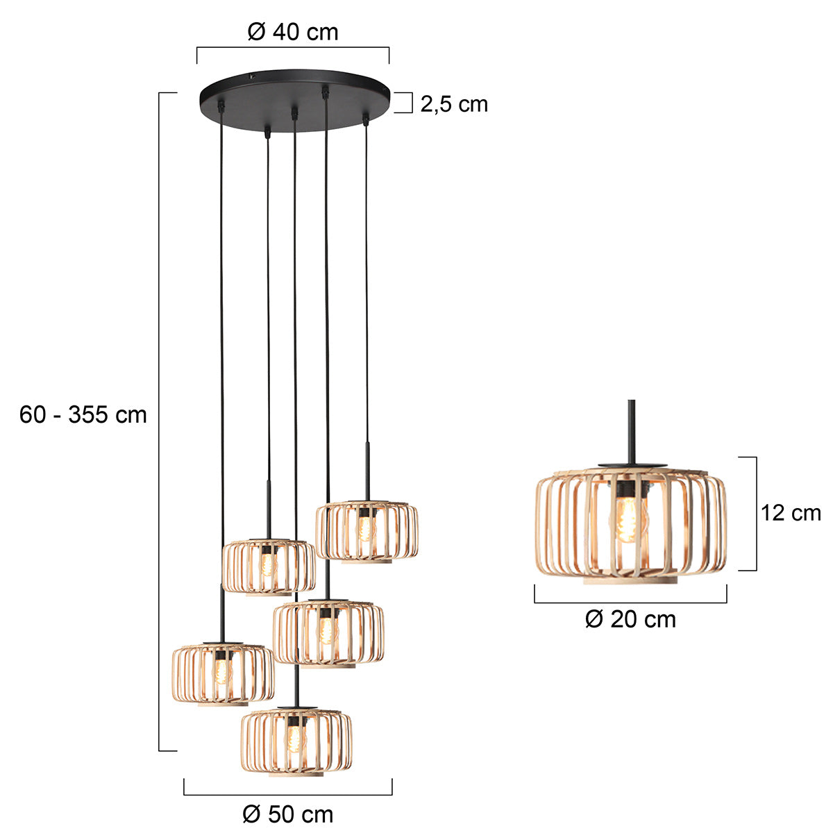 Hanglamp Breeza-Beach 4522ZW zwart met 5 bamboe kappen Ø20 cm