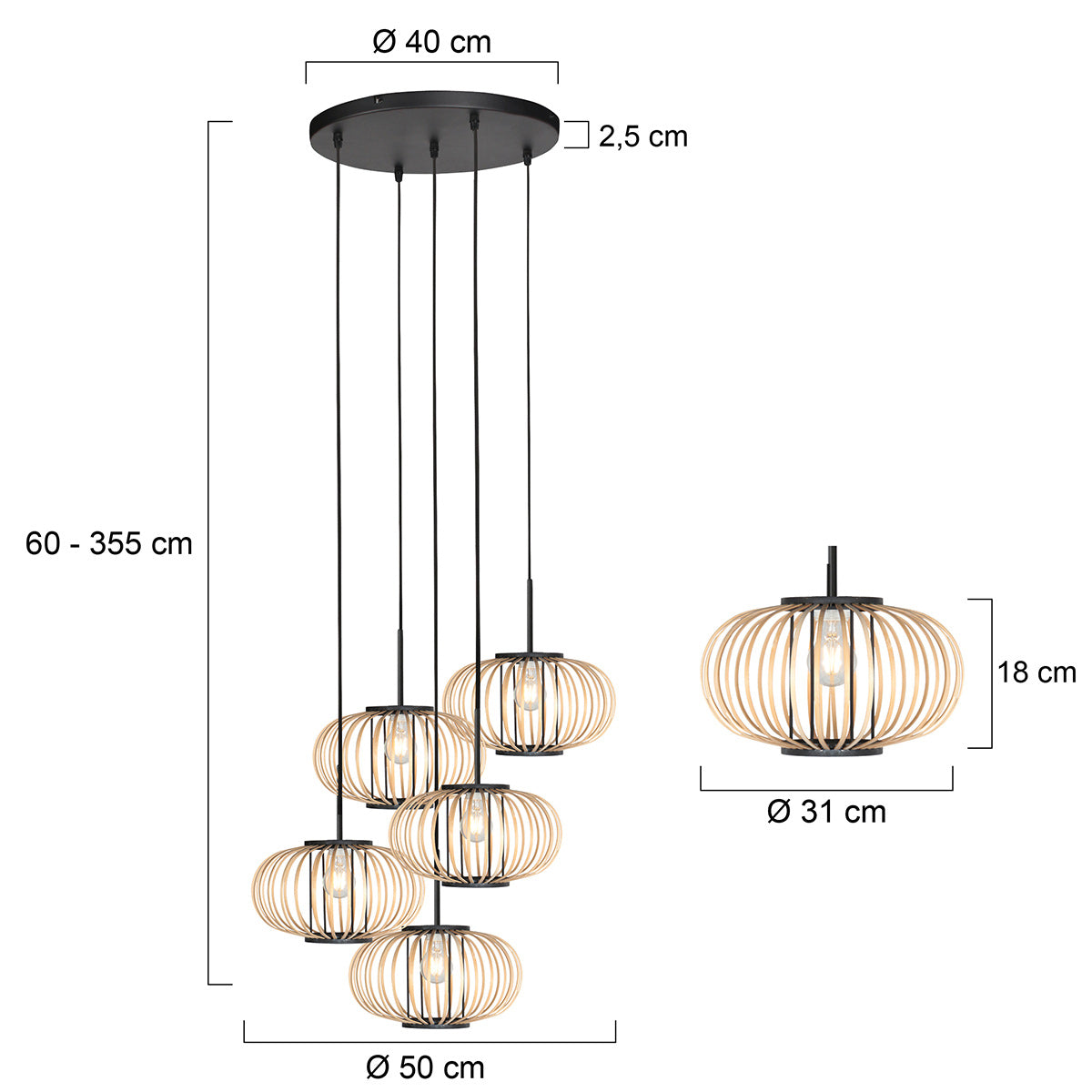 Hanglamp Silva 4524ZW – 5-lichts bamboe design Ø31cm trendy