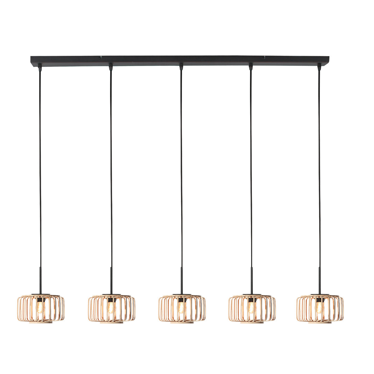 5-Lichts hanglamp Breeza-Beach 4527ZW zwart bamboe kap Ø20 cm