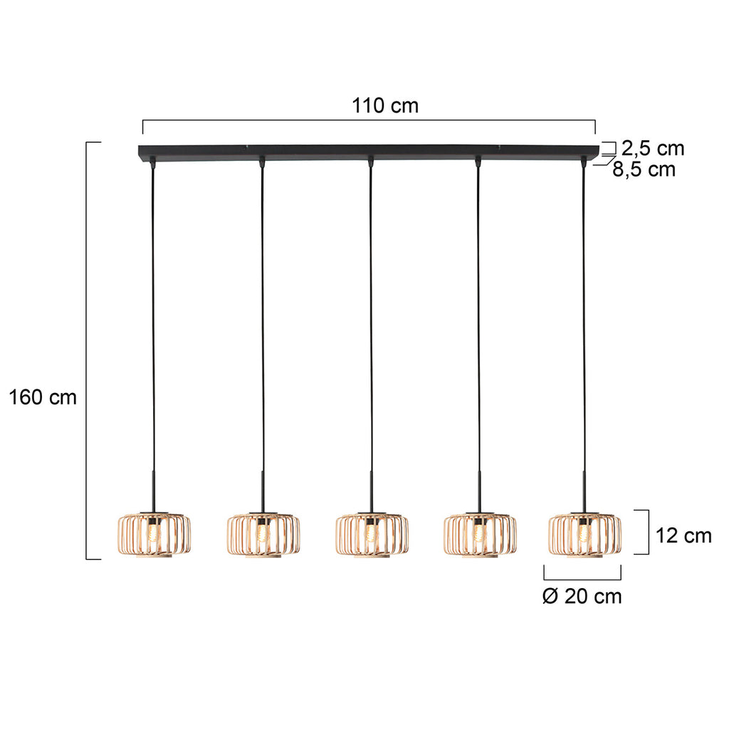 5-Lichts hanglamp Breeza-Beach 4527ZW zwart bamboe kap Ø20 cm