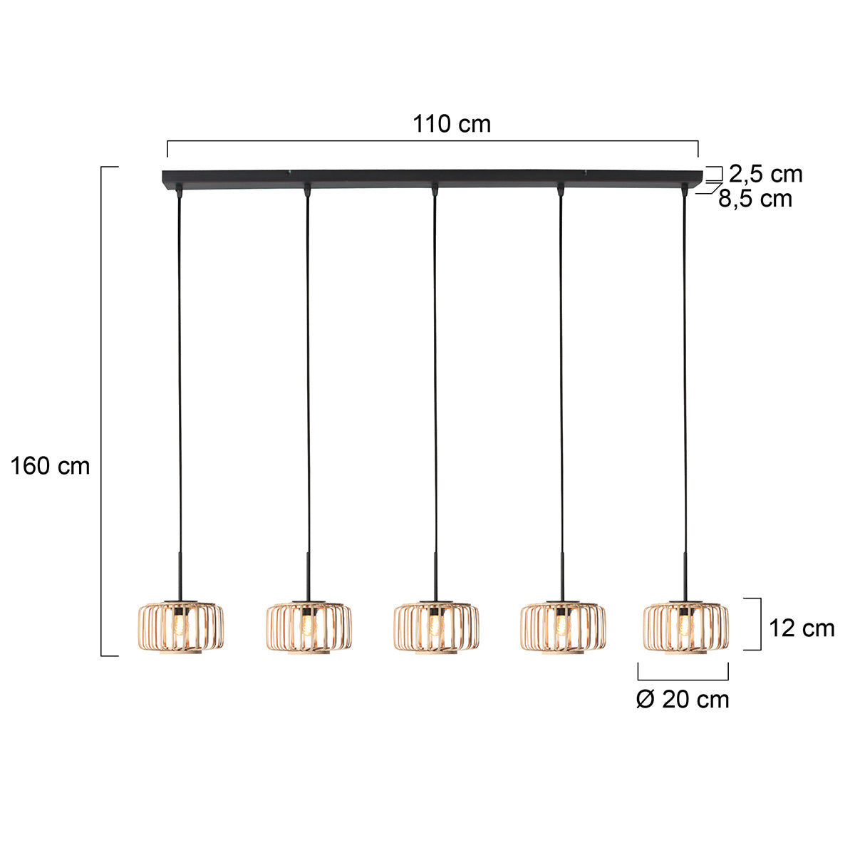 5-Lichts hanglamp Breeza-Beach 4527ZW zwart bamboe kap Ø20 cm
