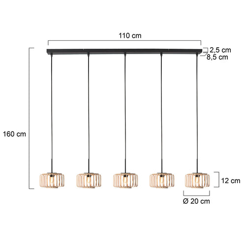 5-Lichts hanglamp Breeza-Beach 4527ZW zwart bamboe kap Ø20 cm
