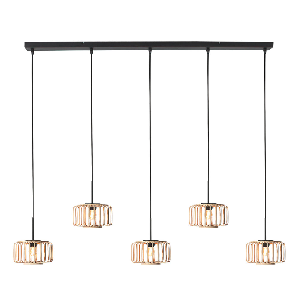 5-Lichts hanglamp Breeza-Beach 4527ZW zwart bamboe kap Ø20 cm