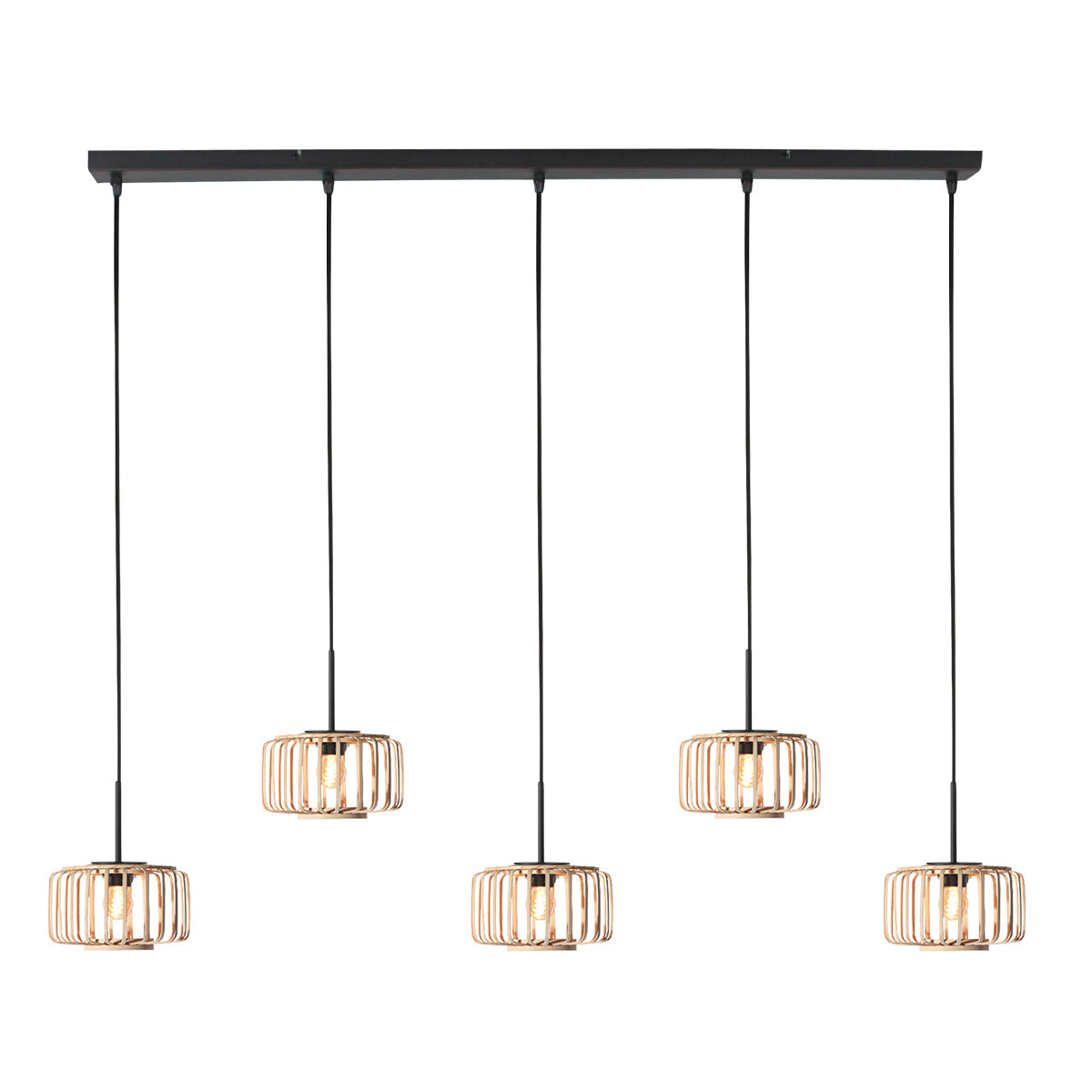 5-Lichts hanglamp Breeza-Beach 4527ZW zwart bamboe kap Ø20 cm