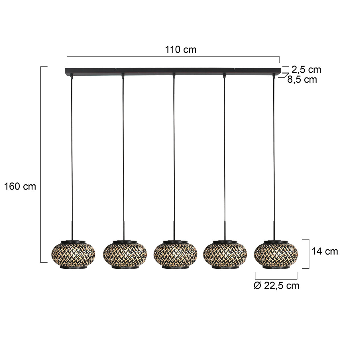 Nox Light 4528ZW – hanglamp met 5 bamboe kapjes