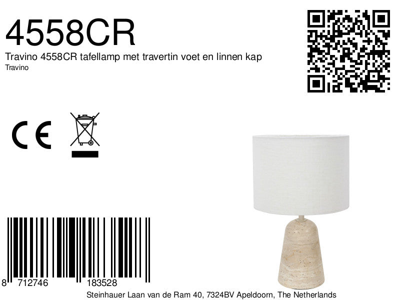 Travino 4558CR tafellamp met travertin voet en linnen kap