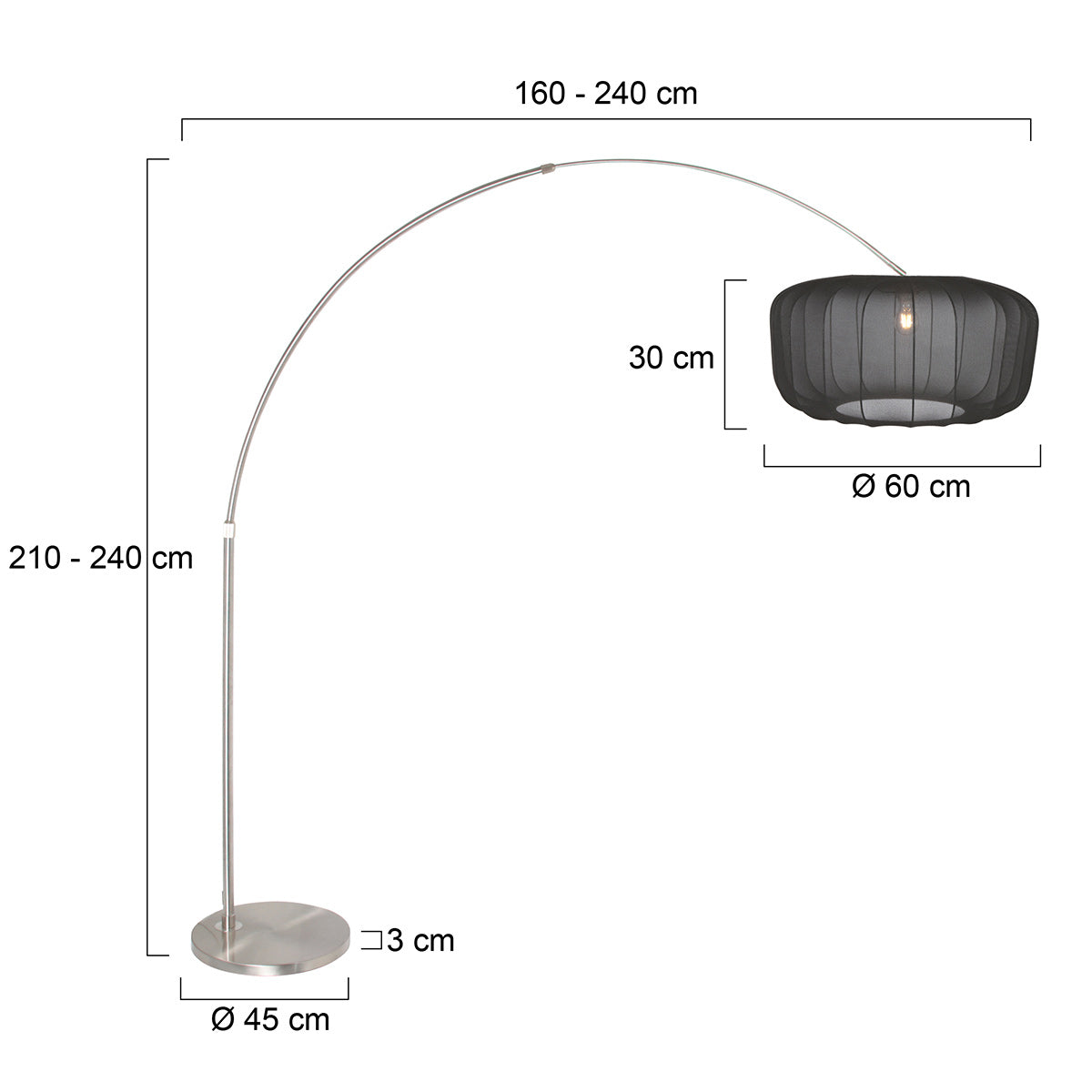 Booglamp Vela Lino 4559ST staal met zwarte textiel kap Ø60 cm