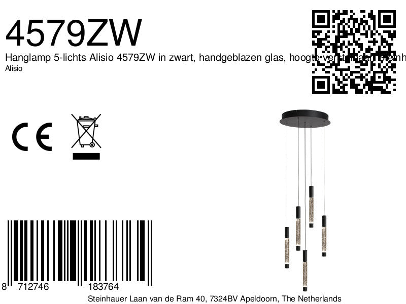 Hanglamp Alisio 4579ZW 5-lichts luxe vide lamp van glas in zwart