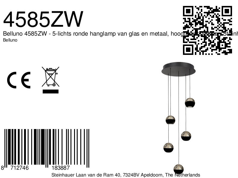 Belluno 4585ZW – 5-lichts ronde hanglamp met cable lift