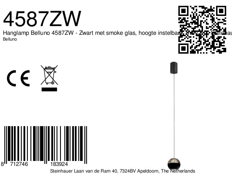 Belluno 4587ZW – 1-lichts hanglamp zwart met cable lift