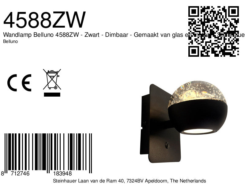 Belluno 4588ZW – Zwarte 1-lichts wandlamp dimbaar