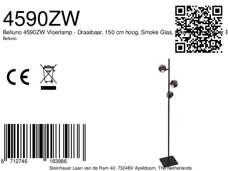 Belluno 4590ZW – 3-lichts vloerlamp smoke glas