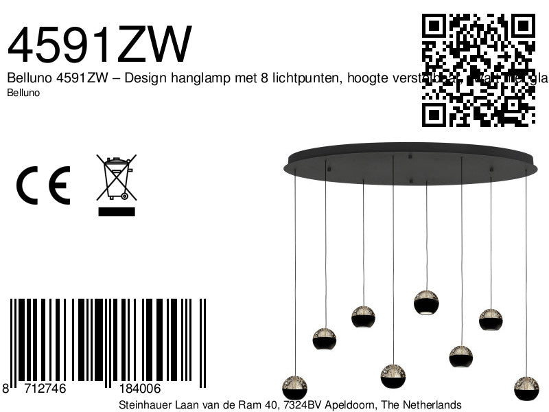 Belluno 4591ZW – 8-lichts hanglamp met cable lift