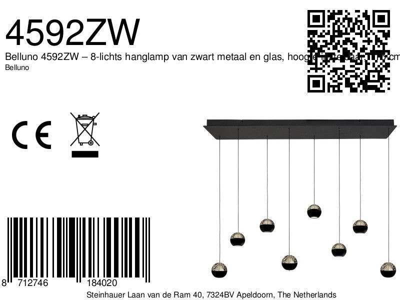 Belluno 4592ZW – 8-lichts hanglamp met cable lift