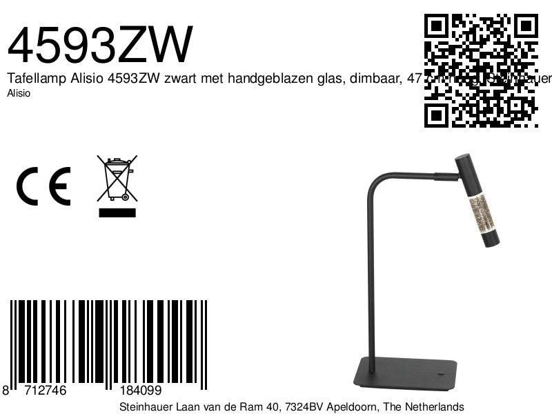 Tafellamp Alisio 4593ZW 1-lichts luxe glas in zwart met pushdimmer